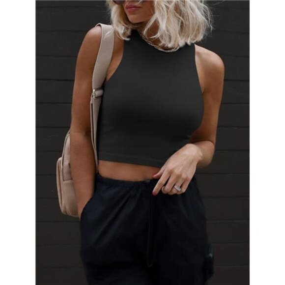 Women's High Neck Racerback Crop Tank – Stretchy Sleeveless Workout & Casual Top - Picture 4 of 5